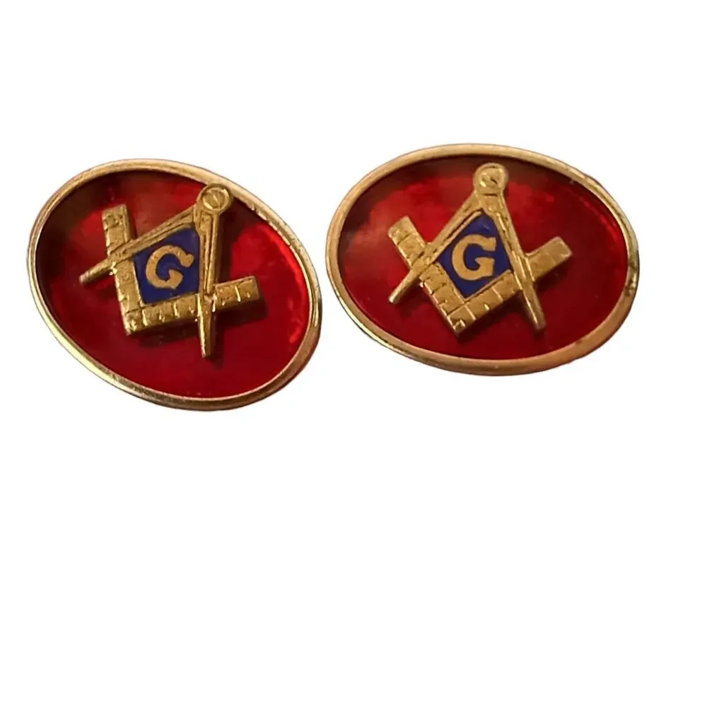 Vtg Freemason Masonic Cufflinks Red Enamel Oval Mason Goldtone Square & Compass